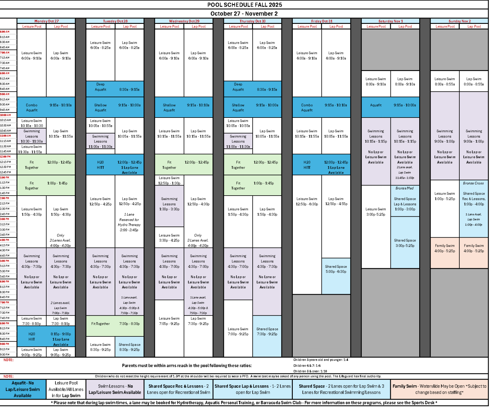Oct 27 - Nov 2 Pool Schedule