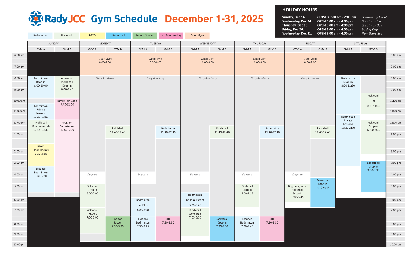 December Gym Schedule