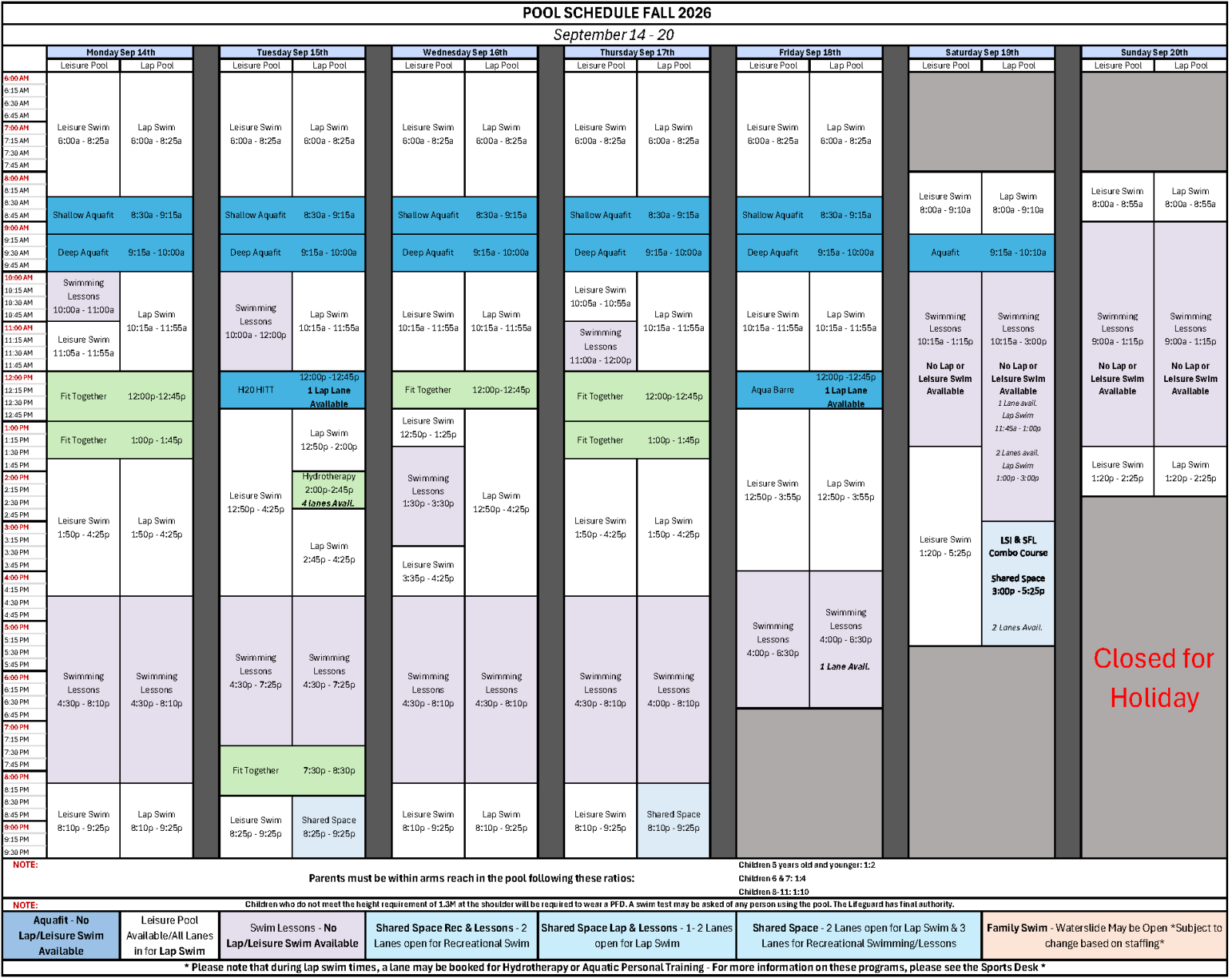 Sept 14 - 20 pool schedule