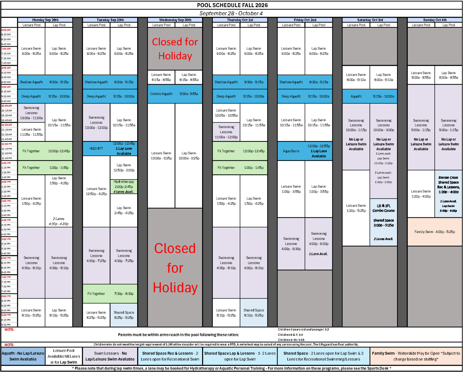 September 28 - October 4 - pool schedule