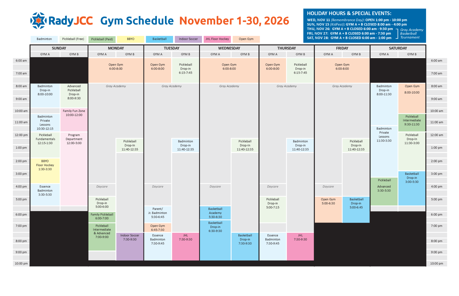 November Gym Schedule